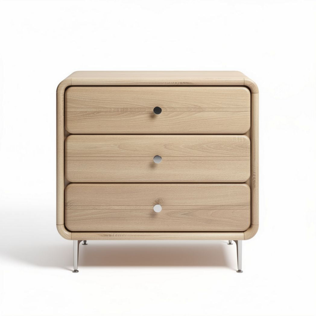 Commode en bois clair avec trois tiroirs et pieds en métal 60 x 45 x 50cm