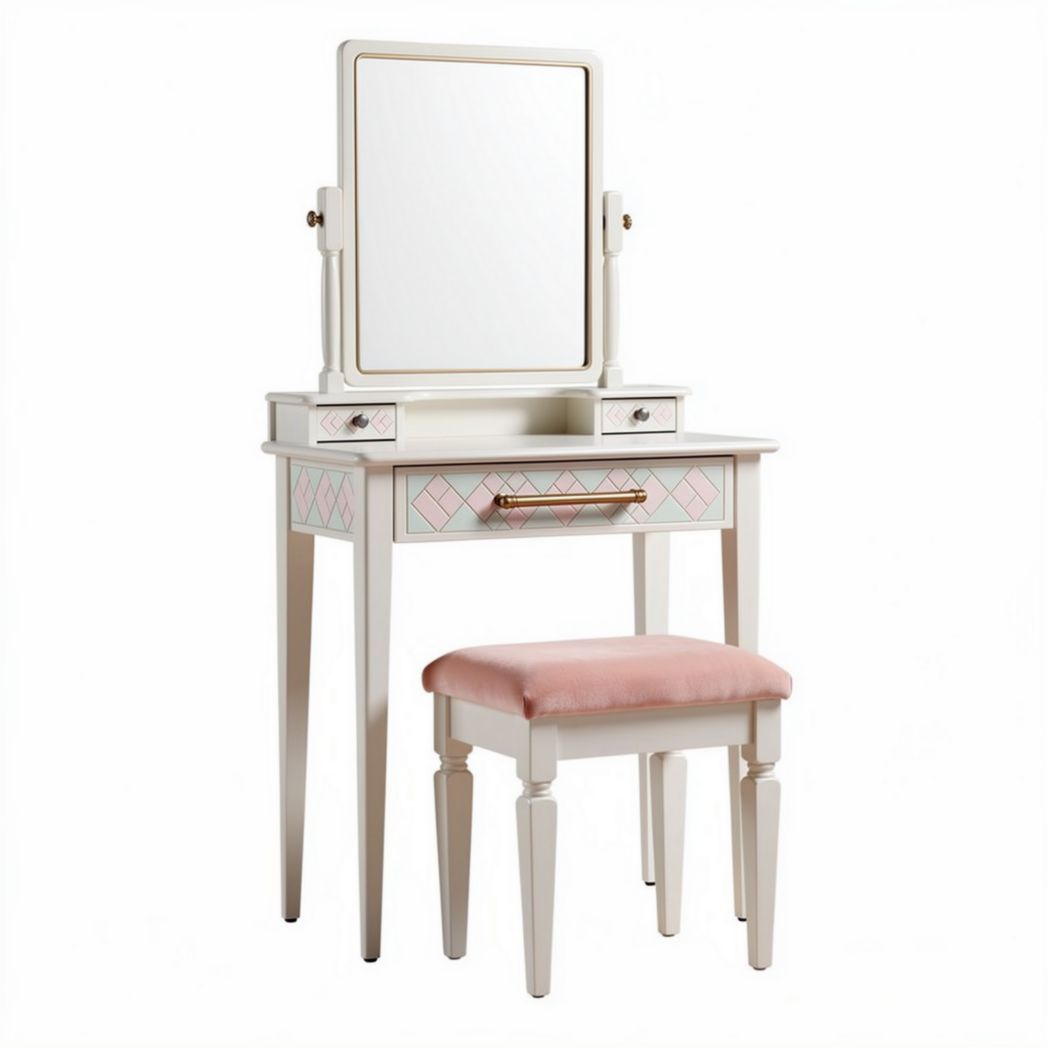 Coiffeuse blanche avec miroir inclinable et siège rembourré rose 80 x 40 x 140cm