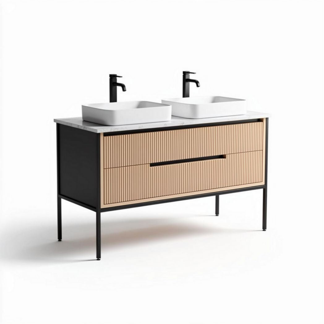 Vasque double en céramique avec meuble en bois 120 x 50 x 85cm noir et beige