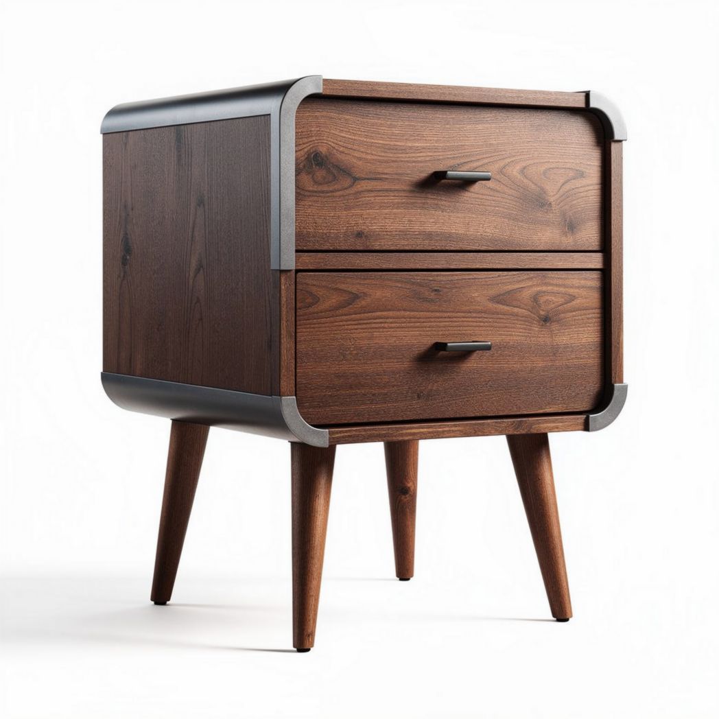 Table de nuit en bois marron avec deux tiroirs et pieds en métal 40 x 40 x 50 cm