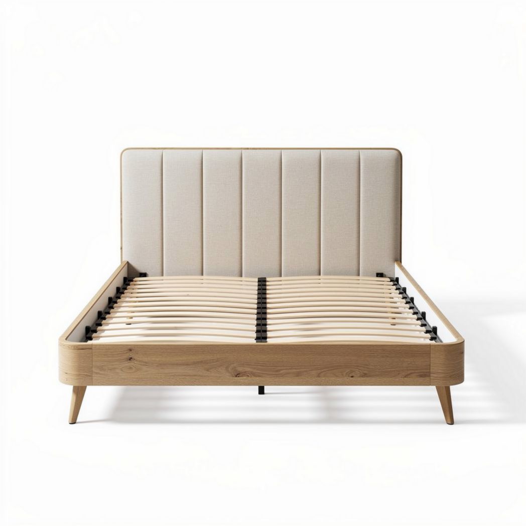 Lit en bois avec tête de lit rembourrée en tissu beige 200 x 160 x 120cm