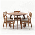 Table ronde en bois avec six chaises rembourrées en tissu beige dimensions 100 x 100 x 75cm