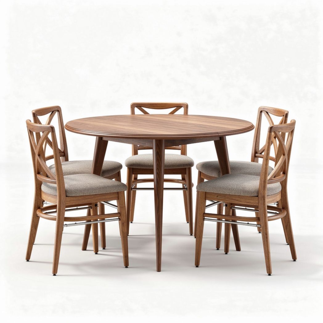 Table ronde en bois avec six chaises rembourrées en tissu beige dimensions 100 x 100 x 75cm