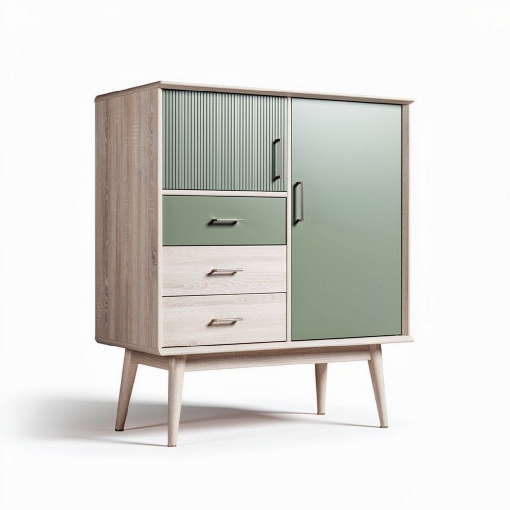 Meuble de rangement en bois clair avec portes vertes et tiroirs pour salon