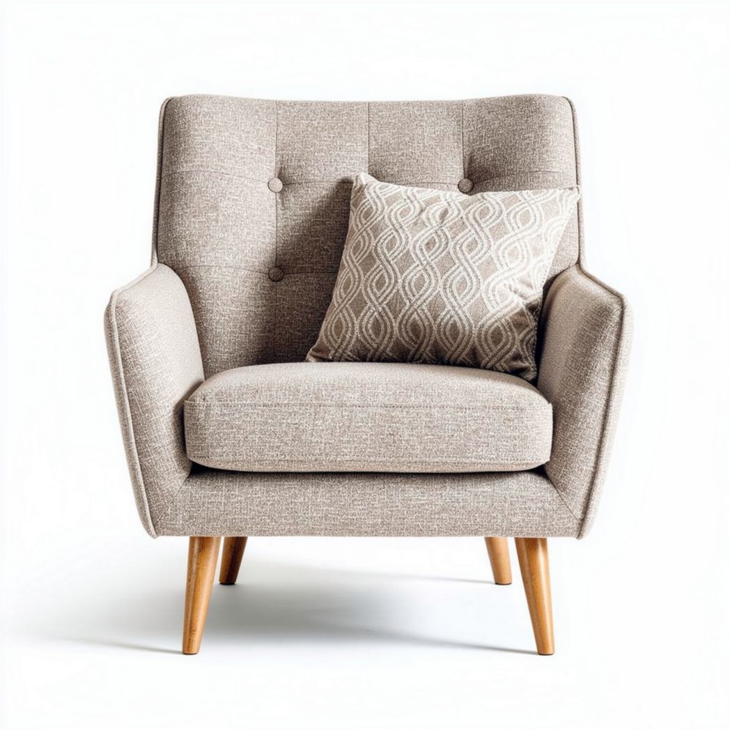 Fauteuil en tissu beige avec coussin décoratif et pieds en bois 75 x 80 x 90cm