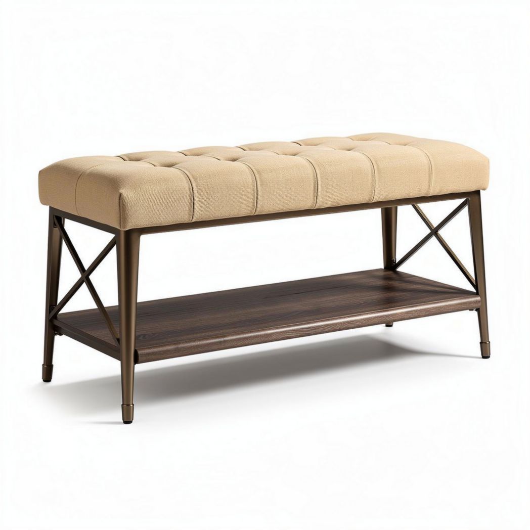 Banc en tissu beige avec rangement en bois 120 x 45 x 45cm