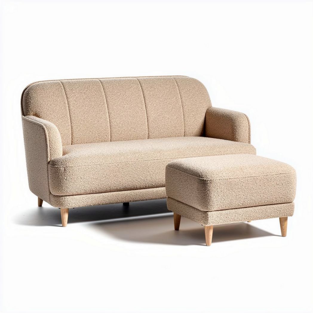 Canapé beige en tissu avec pouf assorti dimensions 150 x 75 x 80cm