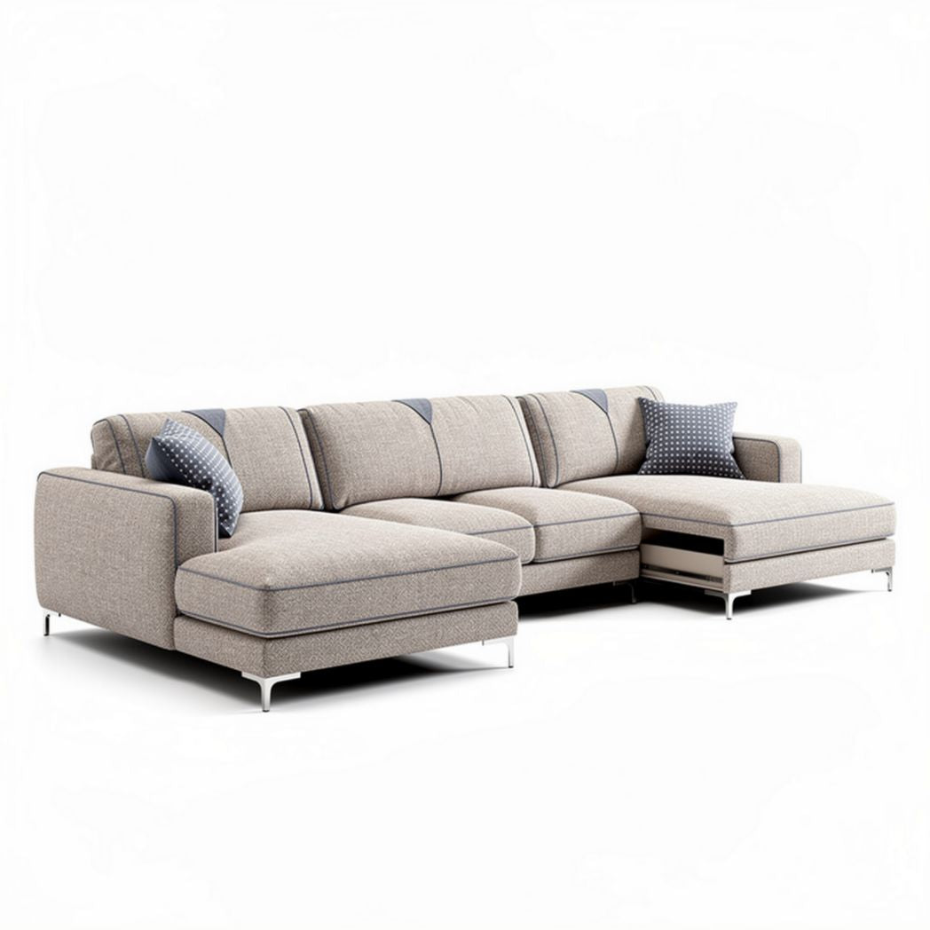 Canapé d'angle en tissu gris clair avec pouf modulable dimensions 240 x 90 x 85cm