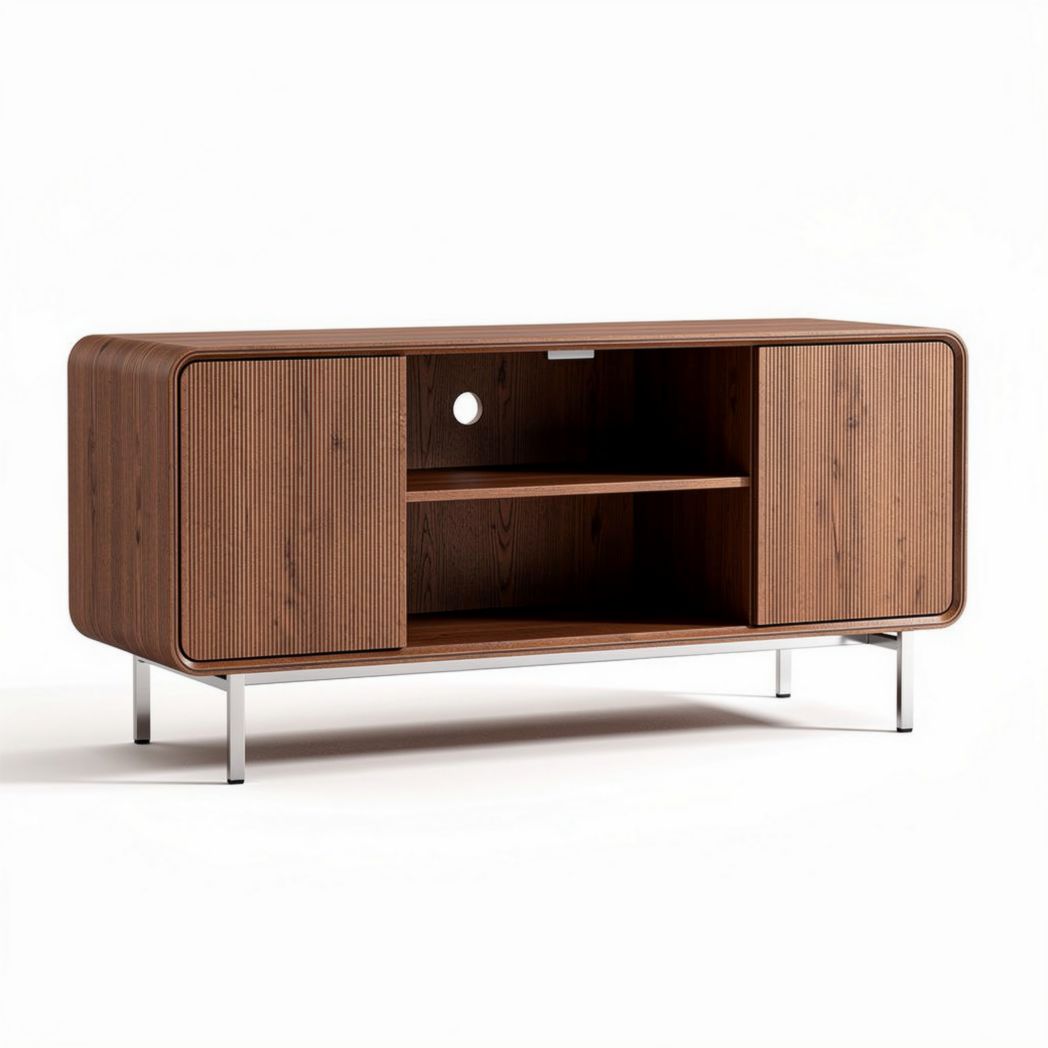 Meuble TV en bois foncé avec portes coulissantes et étagères 150 x 45 x 60cm