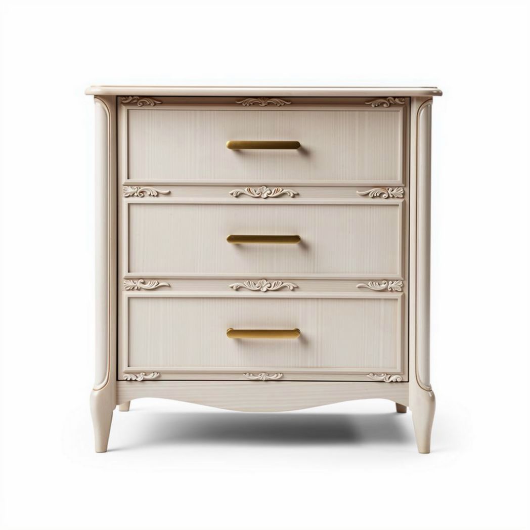 Table de chevet vintage en bois avec trois tiroirs finition crème 60 x 40 x 80cm
