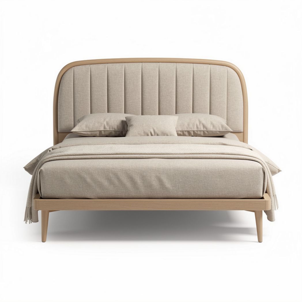 Lit en tissu beige avec tête de lit rembourrée dimensions 210 x 160 x 100cm